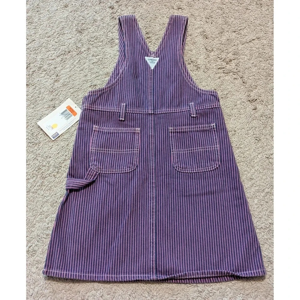 Vtg OshKosh Bgosh Vestbak Overall Dress Girls Sz 5 Purple Blue Striped Cotton